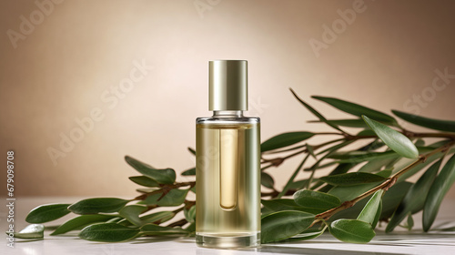 Glass perfume bottle mockup on natural botanical background with plants,,