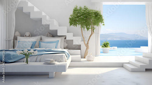Bedroom with white steps, beautiful views of the ocean