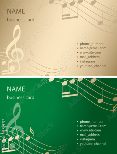 vector templates - business cards with musical notes. Golden and green. Music visit cards
