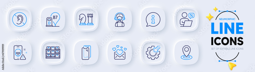 Support, Online discounts and Storage line icons for web app. Pack of Location, No hearing, Cyber attack pictogram icons. Seo gear, Diesel station, Smartphone glass signs. Info, Chess. Vector Support, Online discounts and Storage line icons for web app. Pack of Location, No hearing, Cyber attack pictogram icons. Seo gear, Diesel station, Smartphone glass signs. Info, Chess. Vector