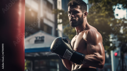 Professional boxer performing an intense training session in the city