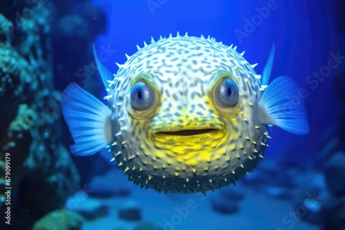 close-up view of puffer fish in an illuminated tank