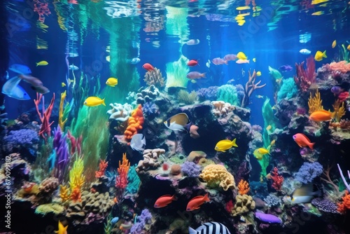 a rainbow-colored tank filled with assorted species of fish © altitudevisual