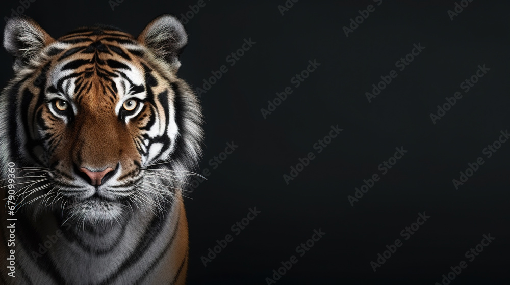 Front view of tiger on dark gray background. Wild animals banner with copy space