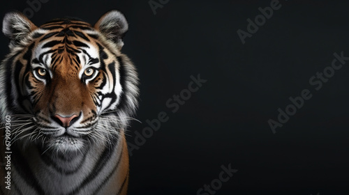 Front view of tiger on dark gray background. Wild animals banner with copy space