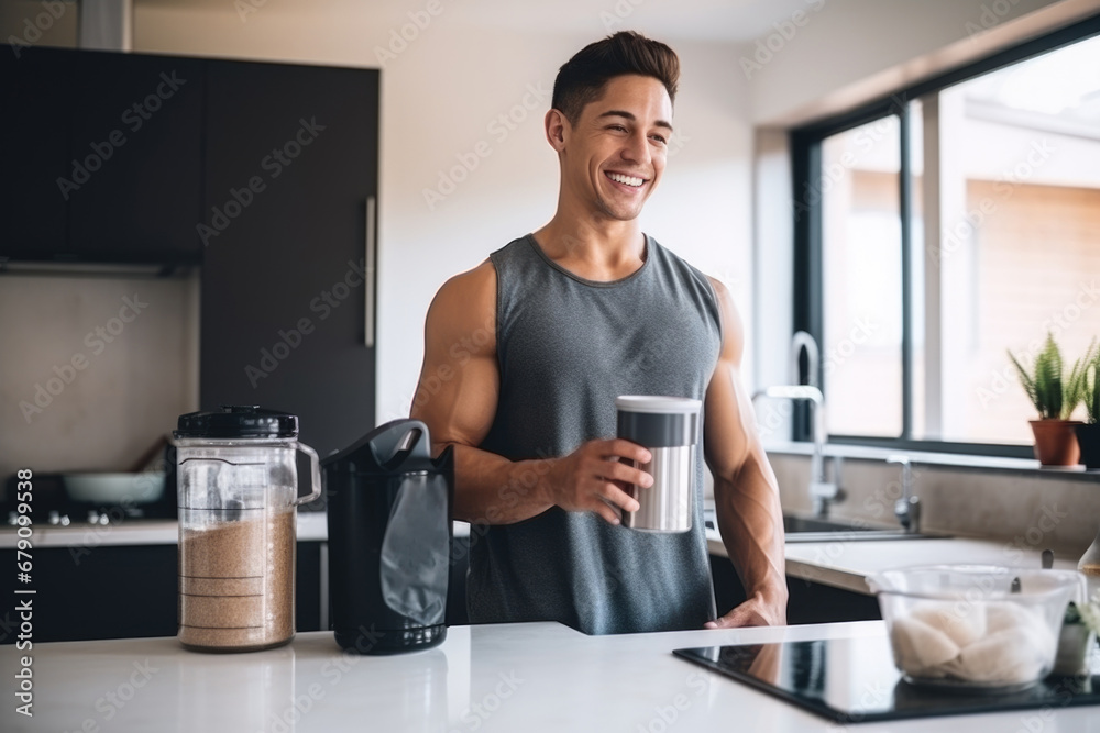 Young guy making protein shake at kitchen, copy space. AI Generated - obrazy, fototapety, plakaty 