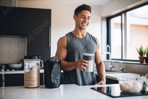 Young guy making protein shake at kitchen, copy space. AI Generated