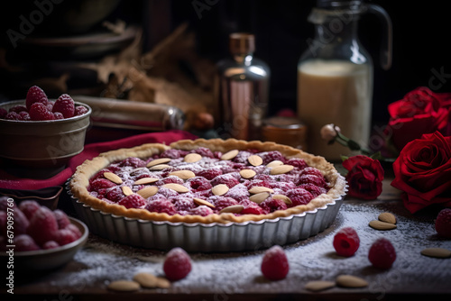 Baking Almond and raspberry tart, christmas season © Niko