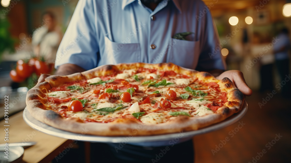Man holds plate with tasty Italian pizza