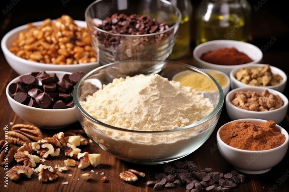 chocolate chunks, nuts and other ingredients beside brownie batter chocolate chunks, nuts and other ingredients beside brownie batter