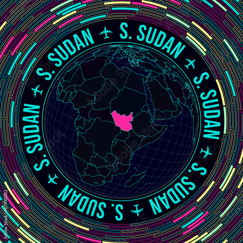 South Sudan on globe. Satellite view of the world centered to South Sudan. Bright neon style. Futuristic radial bricks background. Awesome vector illustration.
