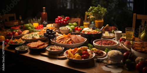 Dinner table full of dishes with food and snacks  family feast