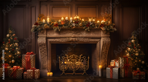 fireplace with christmas decorations