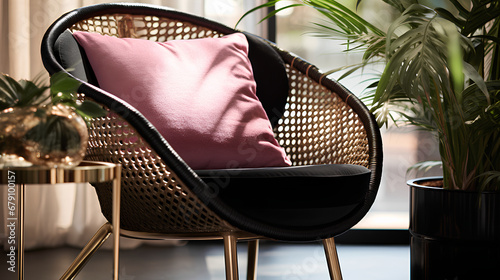 close-up of a meticulous design chair, black, table with gold details