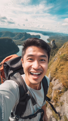 Happy Asian hiker man taking selfie portrait on the top of mountain, vertical format © colnihko
