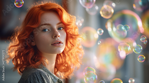 Colorful portrait of Young redhead woman surrounded by soap bubbles.