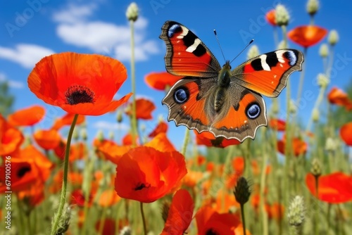 a peacock butterfly resting on a red poppy © altitudevisual