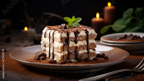 Composition with tiramisu cake decorated with mint leaves on table against dark background