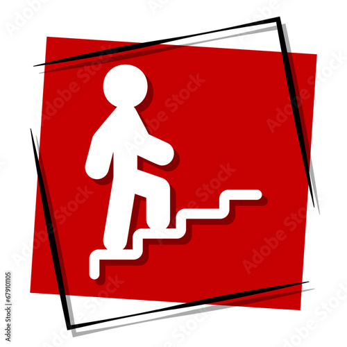 Man on Stairs going up red banner in frame. Vector illustration.