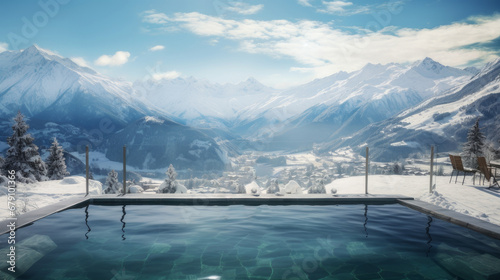 Outdoor swimming pool among the snow against the backdrop of snow-capped mountains at a ski resort, during the winter holidays.