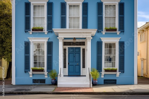 colonial building with a prominent blue front door © altitudevisual