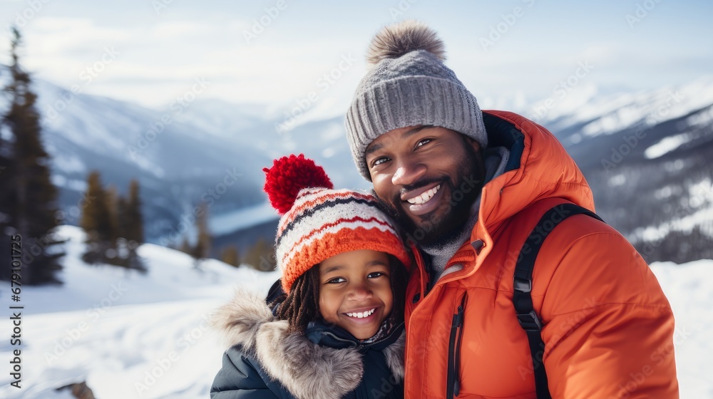 Happy, smiling, afro american family dad with daughter snowy mountains at ski resort, during vacation and winter holidays.