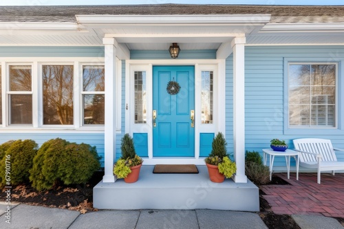 grey colonial residence with bright blue door as a focal point