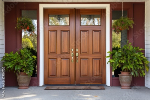 large wooden front door in a how colonial house