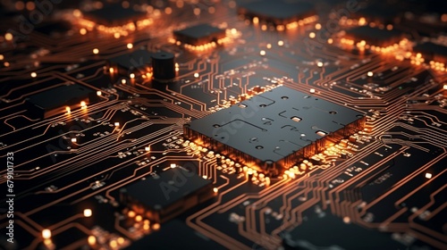 Complex electronic circuitry emphasizing microchip connections.