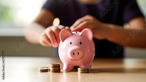 A child learns to save with his pink piggy bank,A prosperous future begins with small savings, Saving for a dream