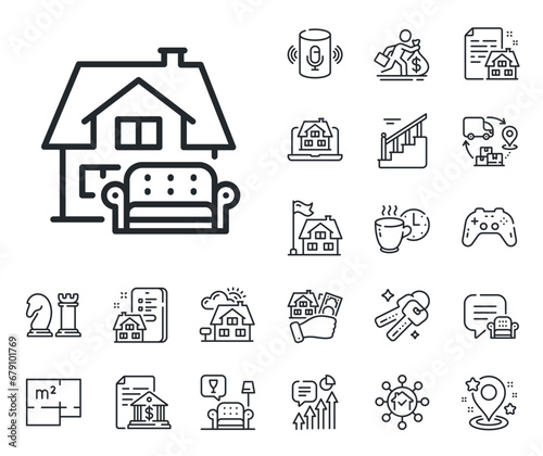 Home sofa sign. Floor plan, stairs and lounge room outline icons. Furniture moving line icon. House couch symbol. Furniture moving line sign. House mortgage, sell building icon. Real estate. Vector