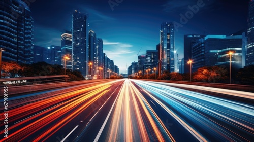 Car light trails on the modern building background in the city. Long exposure photography. Ai generative