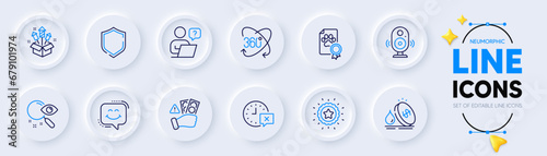 Shield, Online question and Dog certificate line icons for web app. Pack of Time, Fireworks rocket, Speaker pictogram icons. Fraud, Search, Fuel price signs. Winner star, Full rotation. Vector