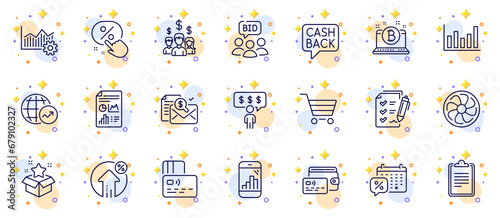 Outline set of Fan engine, Loan percent and Graph phone line icons for web app. Include Market sale, Money transfer, Discount button pictogram icons. Wallet, Column chart, Clipboard signs. Vector