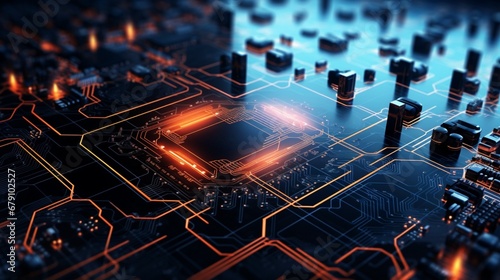 Complex electronic circuitry emphasizing microchip connections.