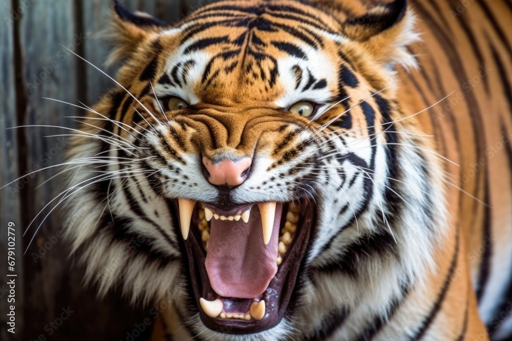 detailed shot of a tigers long, sharp fangs