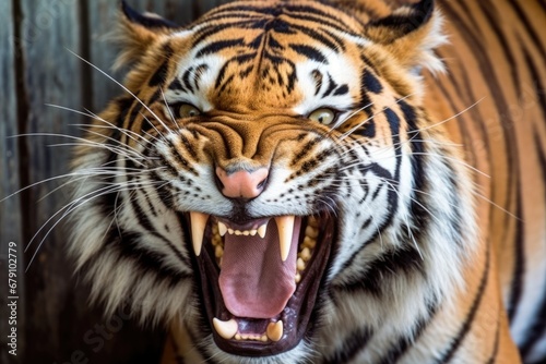 detailed shot of a tigers long  sharp fangs