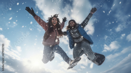 Happy, laughing young people in love skiing on snowy mountains at a ski resort, during vacation and winter holidays, bottom view.