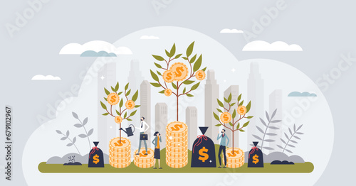 Investment growth garden with green business money and profit tiny person concept. Growing plant from coin stack as financial development and steady sustainable incomes vector illustration.