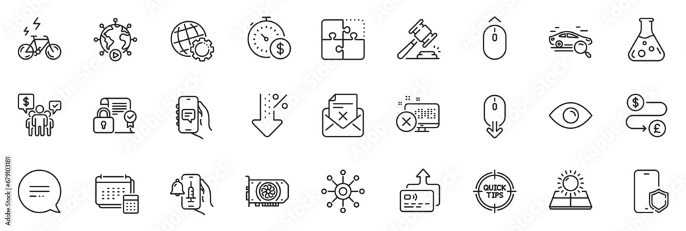 Icons pack as Globe, Reject access and Chat app line icons for app include Sun energy, Scroll down, Video conference outline thin icon web set. Money transfer, Puzzle, Teamwork pictogram. Vector