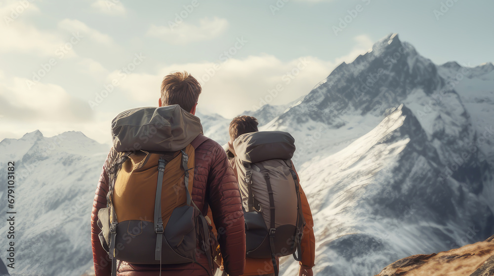 Two men with a large backpack high on the snowy mountains at a ski resort, during vacation and winter holidays. Two men with a large backpack high on the snowy mountains at a ski resort, during vacation and winter holidays.