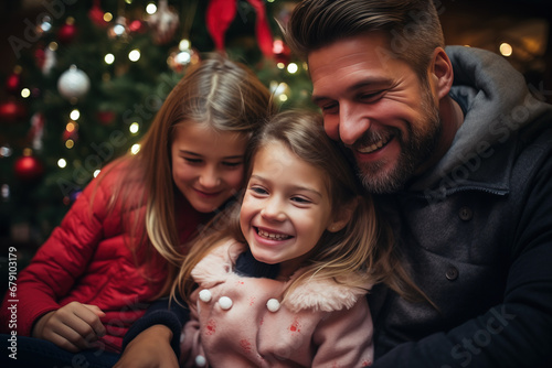 Happy family at the christmas tree
