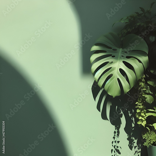 monstera leaves against a wall casting shadows