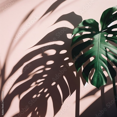monstera leaves against a wall casting shadows