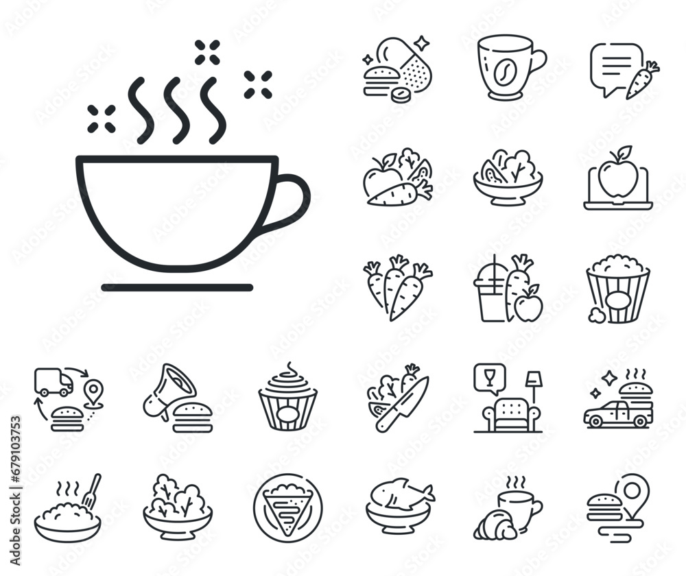 Hot cappuccino sign. Crepe, sweet popcorn and salad outline icons. Coffee cup line icon. Tea drink mug symbol. Coffee cup line sign. Pasta spaghetti, fresh juice icon. Supply chain. Vector
