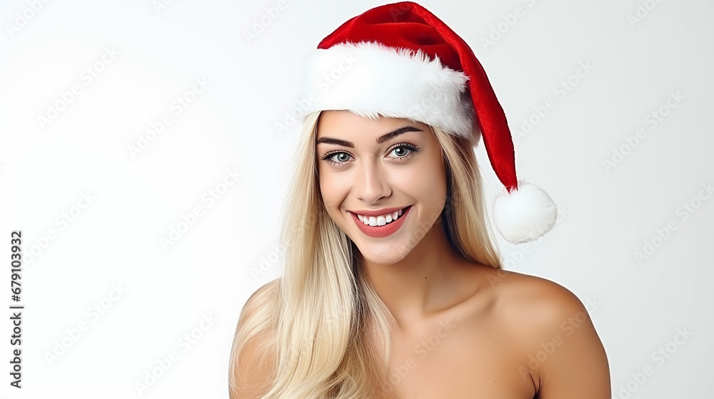 Christmas Santa hat isolated woman portrait . Smiling happy girl on white background. Made with generative ai Christmas Santa hat isolated woman portrait . Smiling happy girl on white background. Made with generative ai