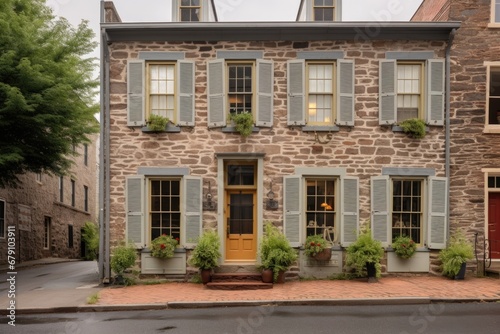 stonewalled house with tall, shuttered windows by a cobblestone street