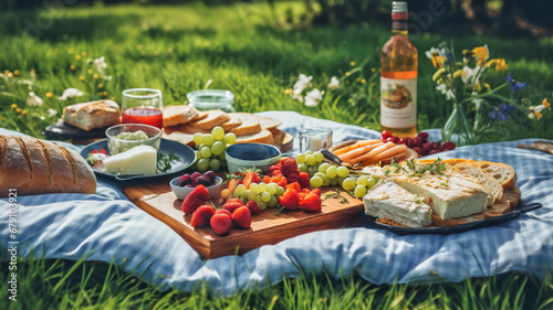 picnic outdoor in nature with basket and blanket in summer meadow