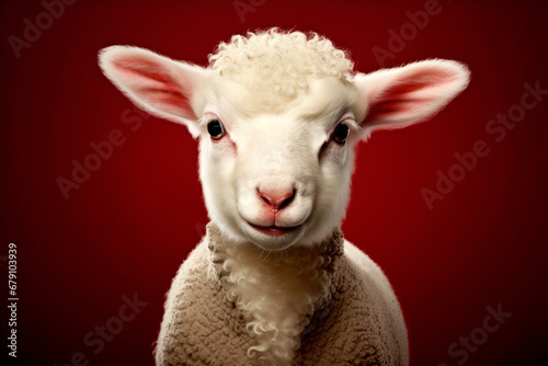 Portrait of a lamb standing against red background. Innocence and sacrifice concept. No people