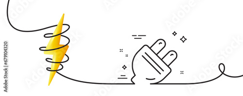 Electric plug line icon. Continuous one line with curl. Energy sign. Electricity power symbol. Electric plug single outline ribbon. Loop curve with energy. Vector